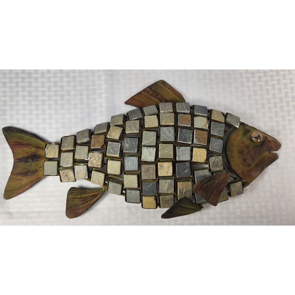 Metal Mosaic Fish Decorated with Inlaid Mosaic Stone Tiles 18x11" Nautical Beach